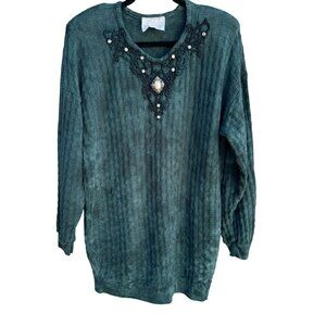 Vintage Womens Green Tie Dye Knit Embroidered Lace Pearl Cottage Granny Sweater